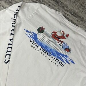 Vineyard Vines Santa Whale Long Sleeve Pocket T-shirt Men X Small Boat Christmas